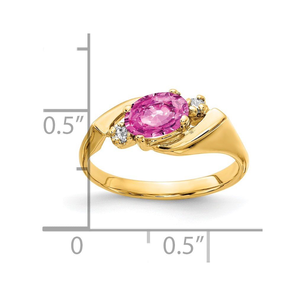 14K Gelbgold Ring mit ovalem rosafarbenem Saphir AA 7x5 mm und echten Diamanten