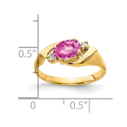 14K Gelbgold Ring mit ovalem rosafarbenem Saphir AA 7x5 mm und echten Diamanten