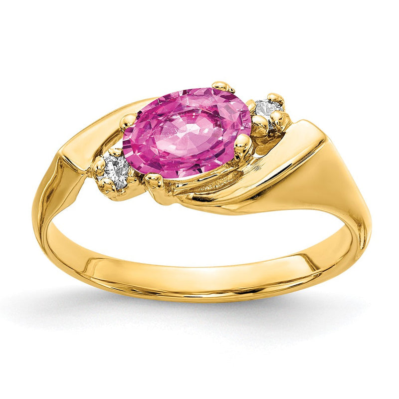 14-Karat-Gelbgold-Ring mit ovalem rosafarbenem Saphir AAA, 7x5 mm, und echten Diamanten
