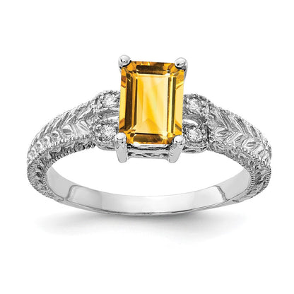 14K Weißgold 7x5mm Smaragdschliff Citrin A Echt Diamant Ring