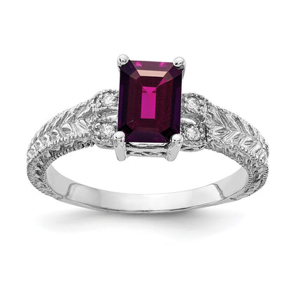 14K Weißgold 7x5mm Smaragdschliff Rhodolith Granat Aa Diamant Ring