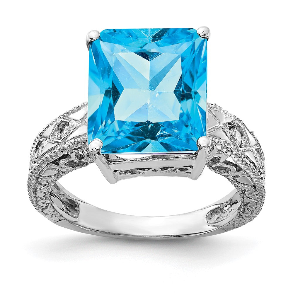 14K Weißgold 12x10mm Smaragdschliff Blautopas A Echt Diamant Ring