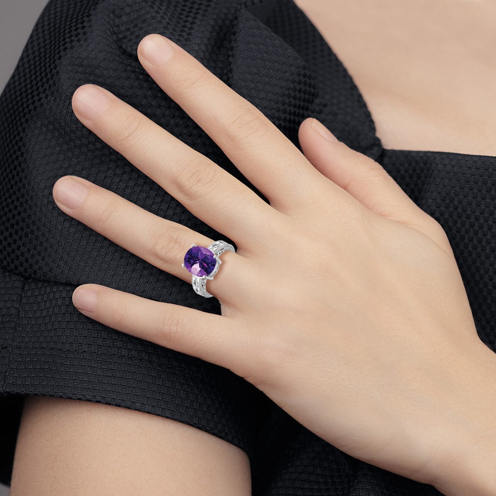 14K Weißgold 12x10mm Oval Amethyst A Echt Diamant Ring