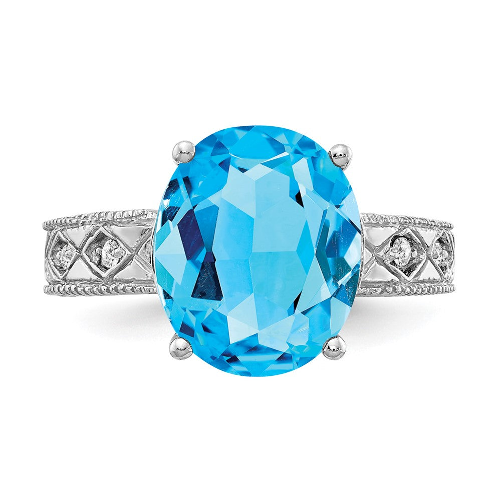 14K Weißgold 12x10mm Oval Blautopas Karo A Echt Diamant Ring
