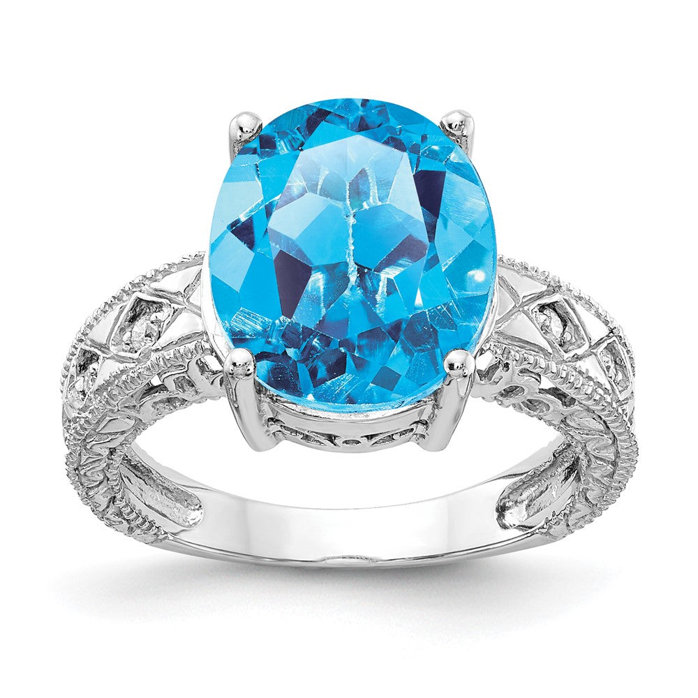 14K Weißgold 12x10mm Oval Blautopas A Echt Diamant Ring