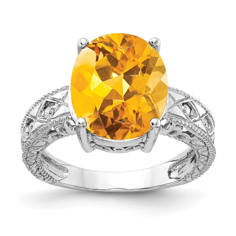 14K Weißgold 12x10mm Oval Citrin Karo A Echt Diamant Ring