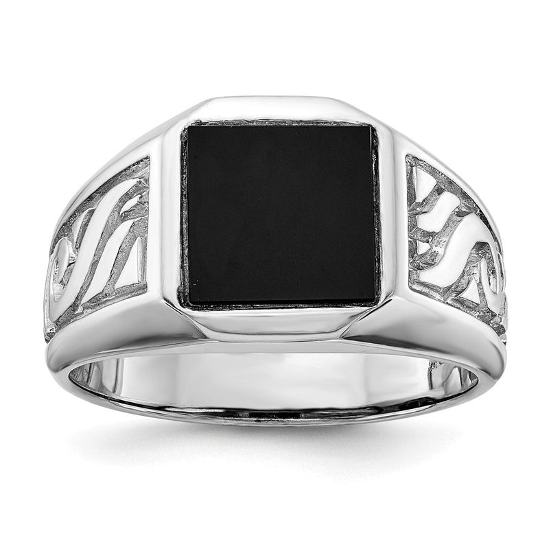14K Weißgold Siegelring mit echtem Diamant und schwarzem Onyx für Herren