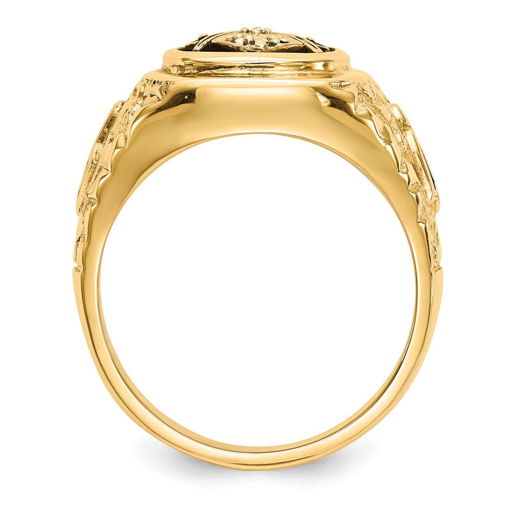 14K Gelbgold polierter, antikisierter und nuggetstrukturierter Freimaurer-Ring mit VS-Qualitäts-Diamant