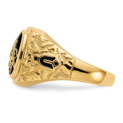14K Gelbgold polierter, antikisierter und nuggetstrukturierter Freimaurer-Ring mit VS-Qualitäts-Diamant