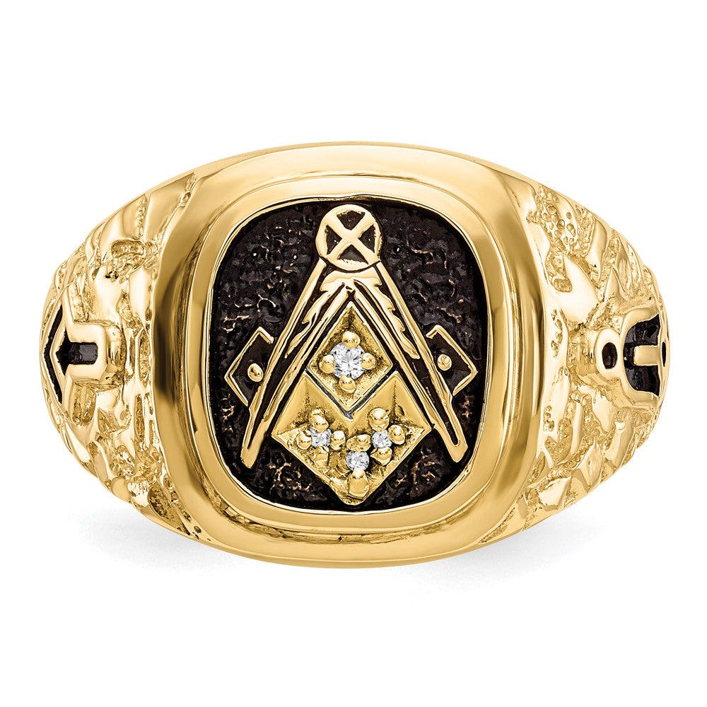 14K Gelbgold polierter Siegelring mit antikisierter Nugget-Textur und Diamant in AAA-Qualität, Freimaurer-Design