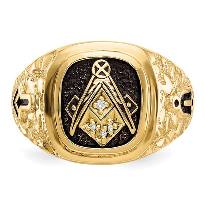 14K Gelbgold polierter, antikisierter und nuggetstrukturierter Freimaurer-Ring mit VS-Qualitäts-Diamant