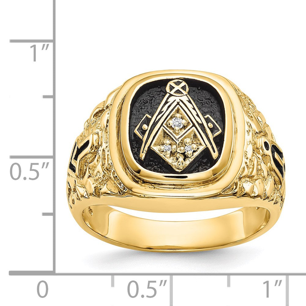 14K Gelbgold polierter Siegelring mit antikisierter Nugget-Textur und Diamant in AAA-Qualität, Freimaurer-Design