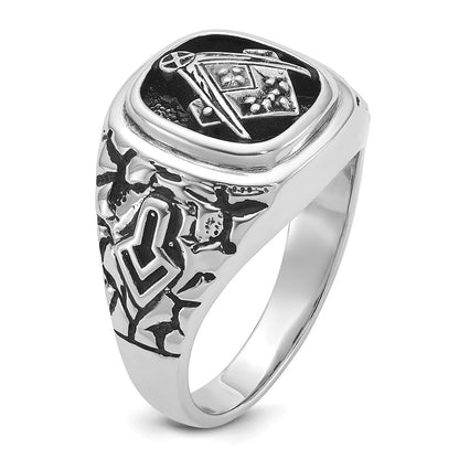 14K Weißgold Herren-Siegelring poliert und texturiert mit schwarzem Emaille und Diamanten in AA-Qualität