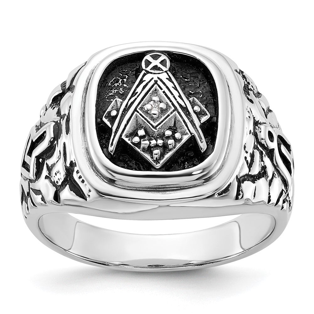 14K Weißgold Herren-Siegelring poliert und texturiert mit schwarzem Emaille und Diamanten in AA-Qualität