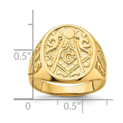 14K Gelbgold Herren-Siegelring, poliert und geriffelt (nicht emailliert), Freimaurer-Motiv