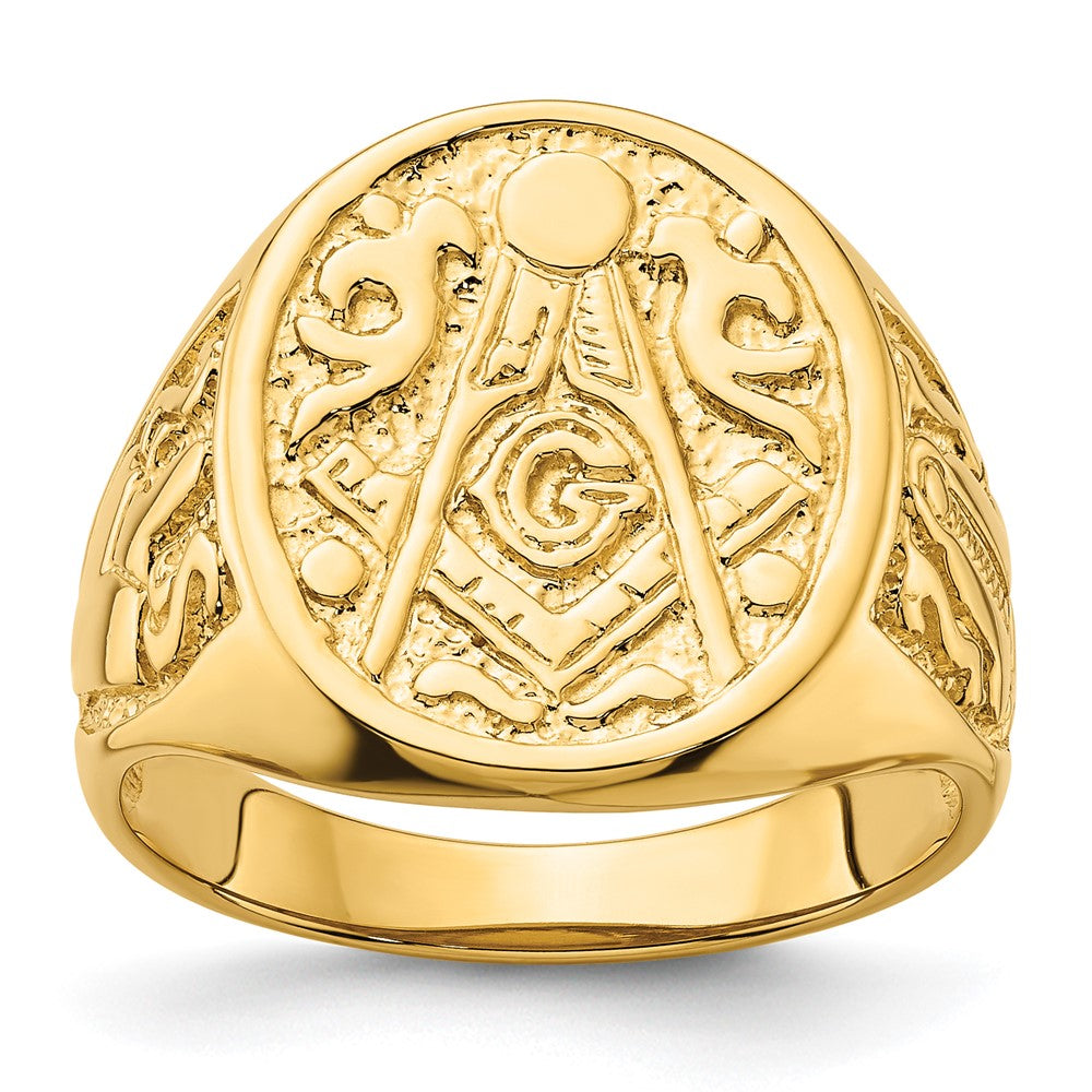 14K Gelbgold Herren-Siegelring, poliert und geriffelt (nicht emailliert), Freimaurer-Motiv