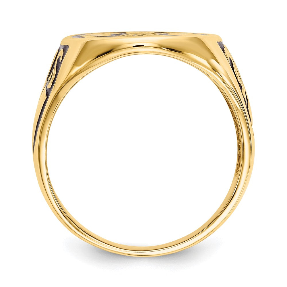 14K Gelbgold Herren-Siegelring, poliert und geriffelt, mit schwarzer Emaille, freimaurerisch