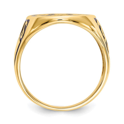14K Gelbgold Herren-Siegelring, poliert und geriffelt, mit schwarzer Emaille, freimaurerisch