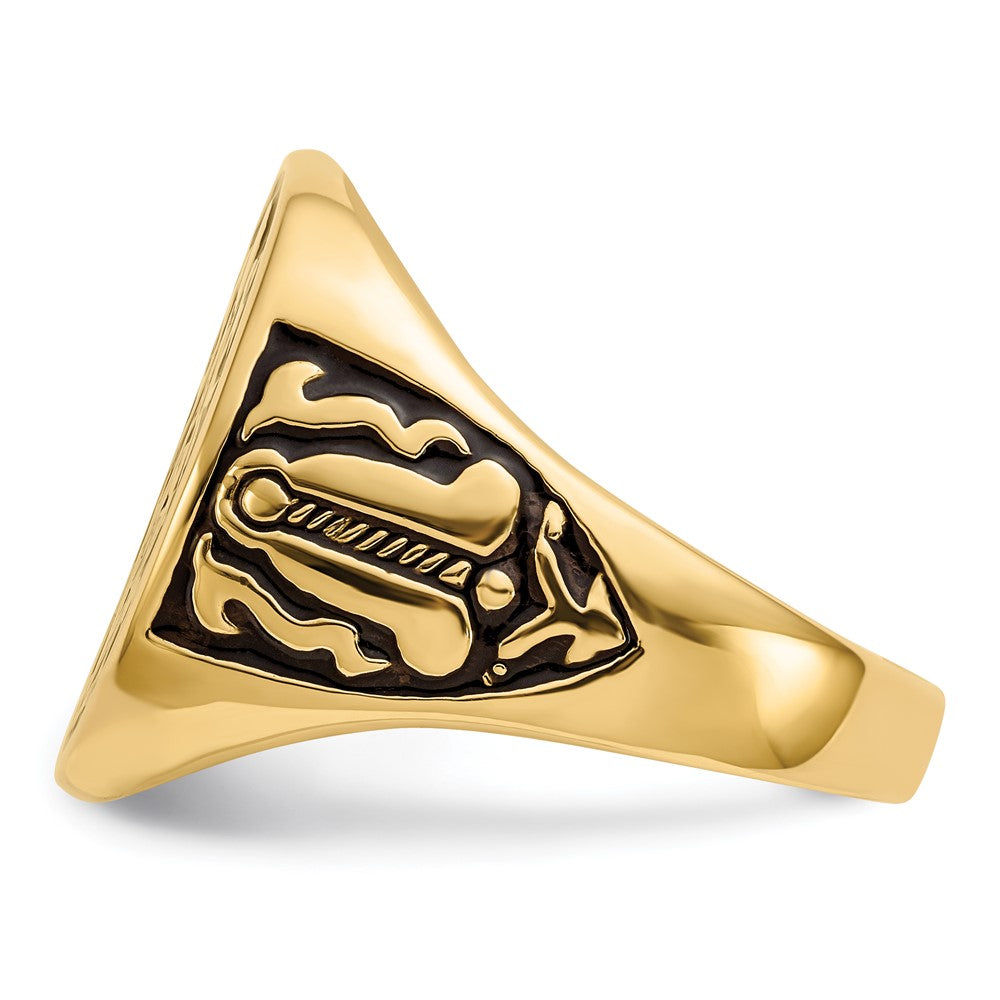 14K Gelbgold Herren-Siegelring, poliert und geriffelt, mit schwarzer Emaille, freimaurerisch