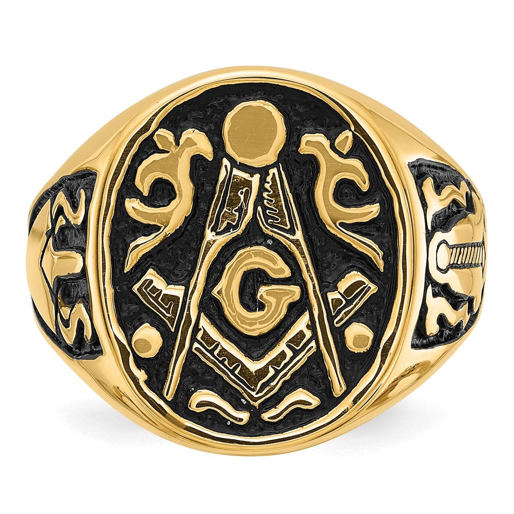 14K Gelbgold Herren-Siegelring, poliert und geriffelt, mit schwarzer Emaille, freimaurerisch