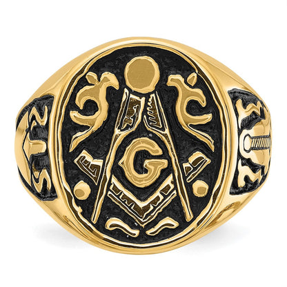 14K Gelbgold Herren-Siegelring, poliert und geriffelt, mit schwarzer Emaille, freimaurerisch