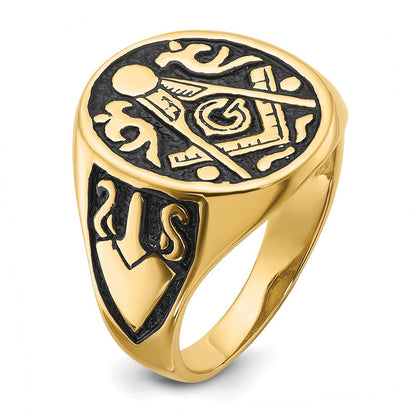 14K Gelbgold Herren-Siegelring, poliert und geriffelt, mit schwarzer Emaille, freimaurerisch