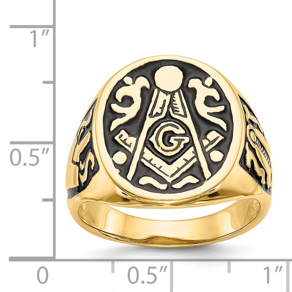 14K Gelbgold Herren-Siegelring, poliert und geriffelt, mit schwarzer Emaille, freimaurerisch