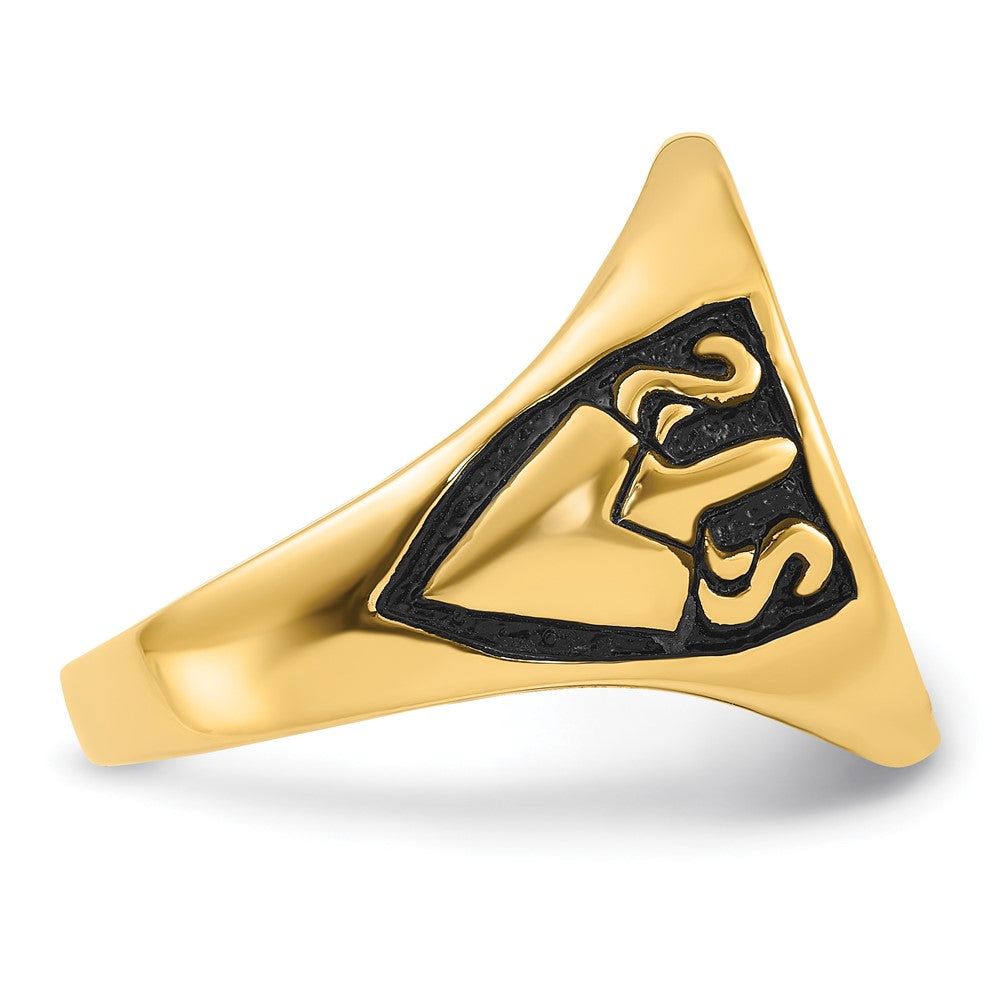 14K Gelbgold Herren-Siegelring, poliert und geriffelt, mit schwarzer Emaille, freimaurerisch