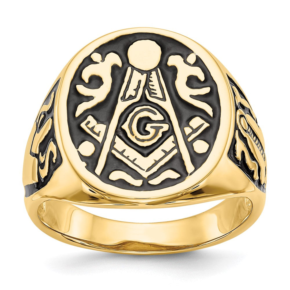 14K Gelbgold Herren-Siegelring, poliert und geriffelt, mit schwarzer Emaille, freimaurerisch