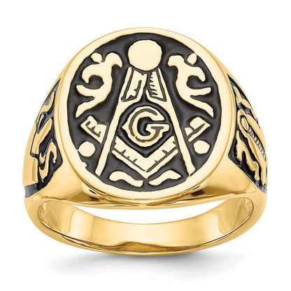 14K Gelbgold Herren-Siegelring, poliert und geriffelt, mit schwarzer Emaille, freimaurerisch