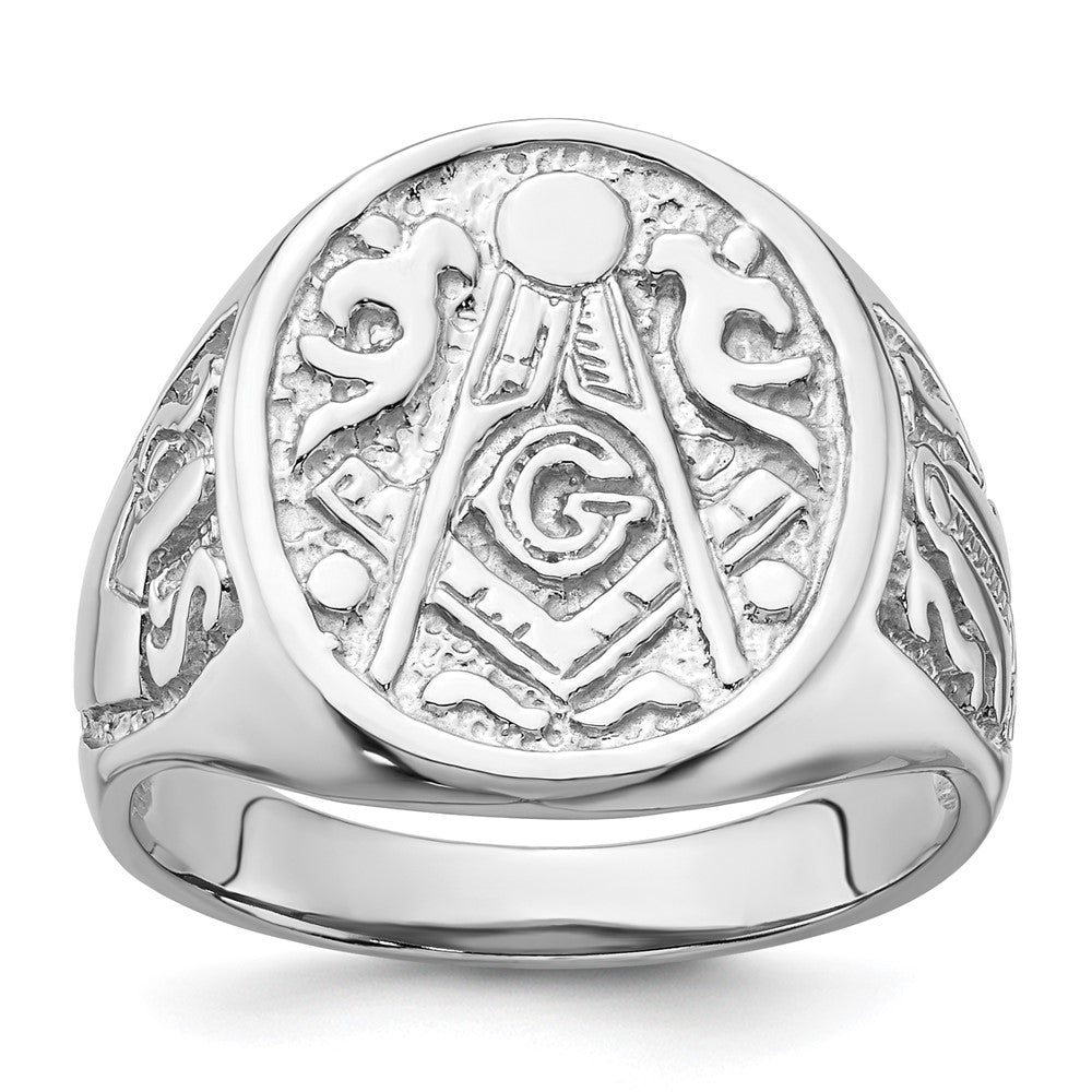 14K Weißgold Herren-Siegelring, poliert und geriffelt (ohne Emaille), Freimaurer-Symbol