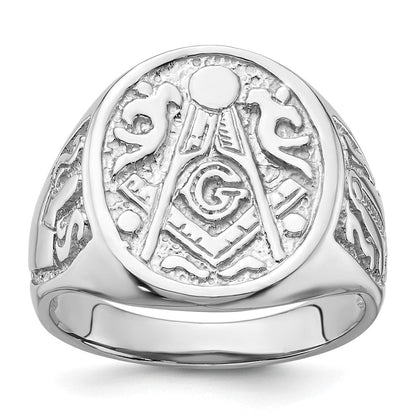 14K Weißgold Herren-Siegelring, poliert und geriffelt (ohne Emaille), Freimaurer-Symbol
