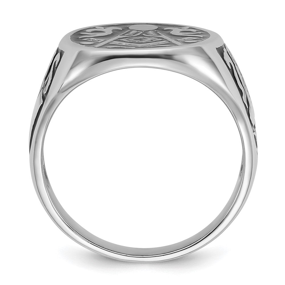 14K Weißgold Herren-Siegelring, poliert und geriffelt, mit schwarzer Emaille, Freimaurer-Design
