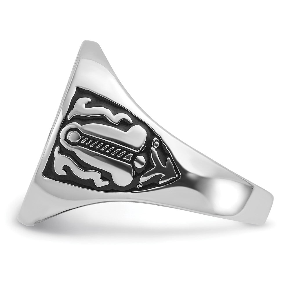 14K Weißgold Herren-Siegelring, poliert und geriffelt, mit schwarzer Emaille, Freimaurer-Design