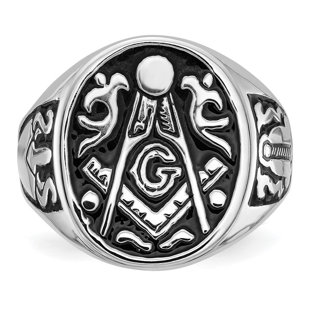 14K Weißgold Herren-Siegelring, poliert und geriffelt, mit schwarzer Emaille, Freimaurer-Design