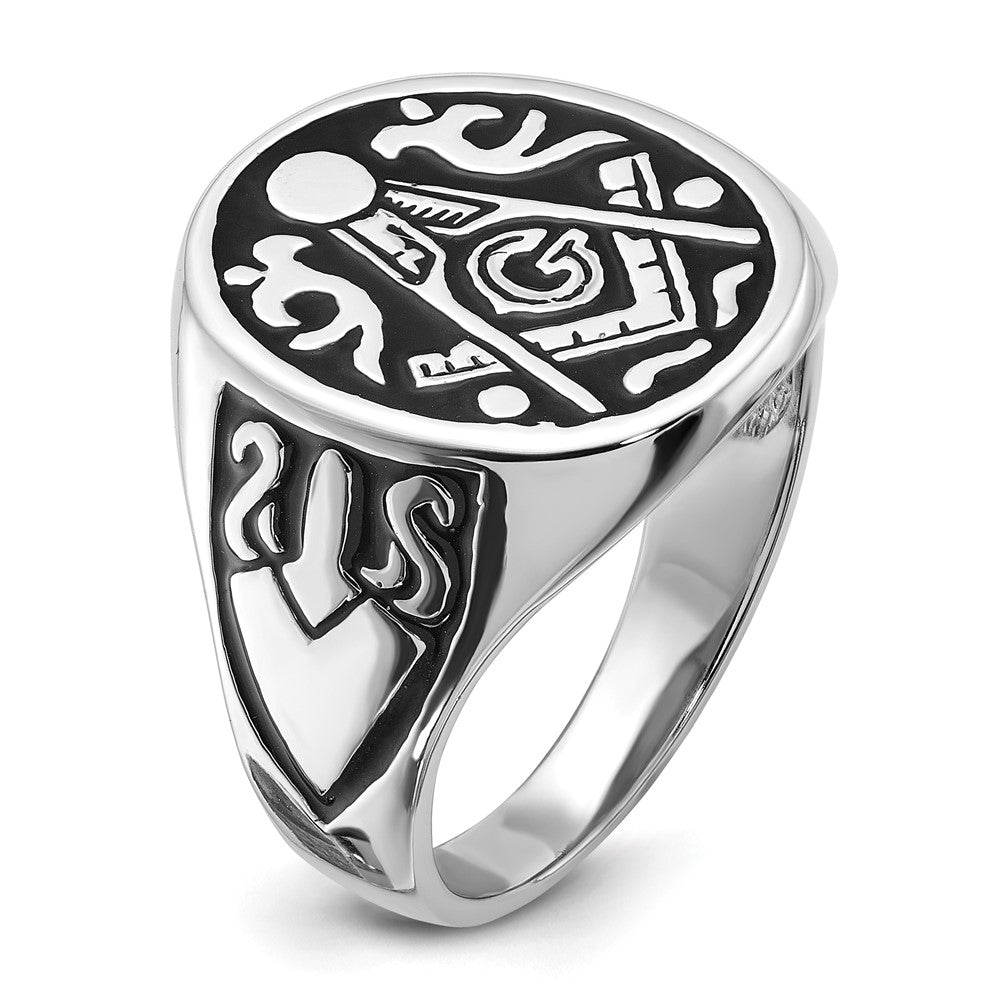 14K Weißgold Herren-Siegelring, poliert und geriffelt, mit schwarzer Emaille, Freimaurer-Design