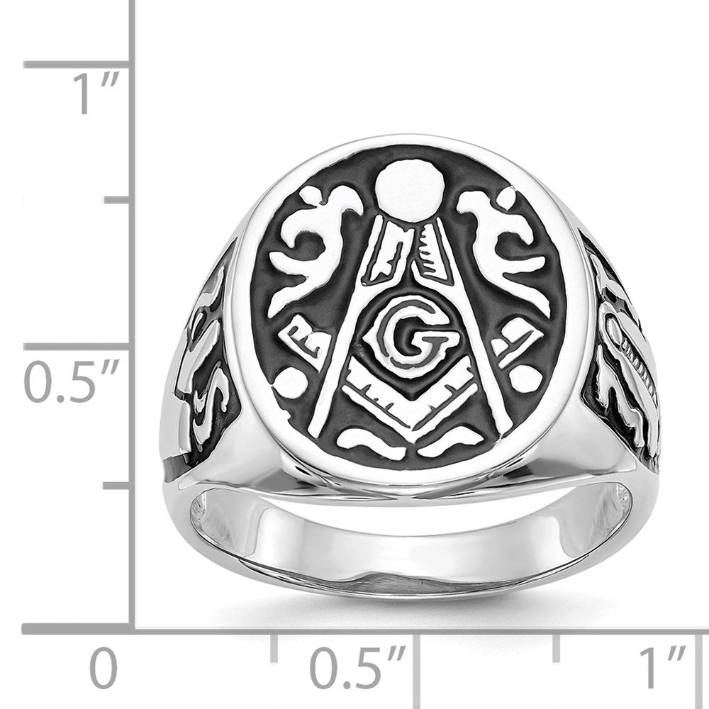 14K Weißgold Herren-Siegelring, poliert und geriffelt, mit schwarzer Emaille, Freimaurer-Design