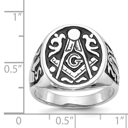14K Weißgold Herren-Siegelring, poliert und geriffelt, mit schwarzer Emaille, Freimaurer-Design