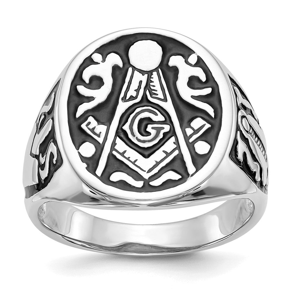 14K Weißgold Herren-Siegelring, poliert und geriffelt, mit schwarzer Emaille, Freimaurer-Design