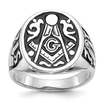 14K Weißgold Herren-Siegelring, poliert und geriffelt, mit schwarzer Emaille, Freimaurer-Design