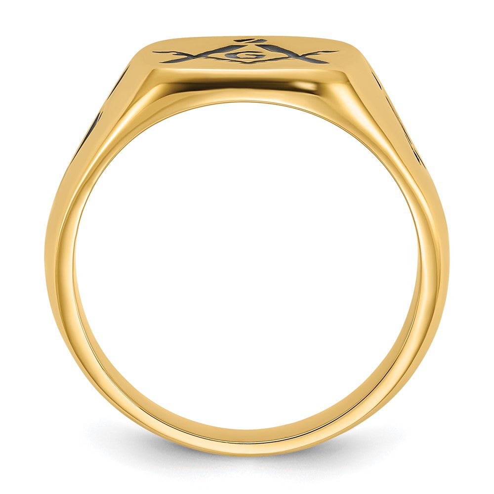 14K Gelbgold Herren-Siegelring, poliert, mit Rillen und schwarzer Emaille, Freimaurer-Design