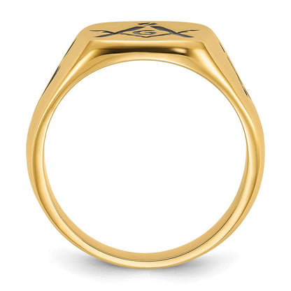 14K Gelbgold Herren-Siegelring, poliert, mit Rillen und schwarzer Emaille, Freimaurer-Design