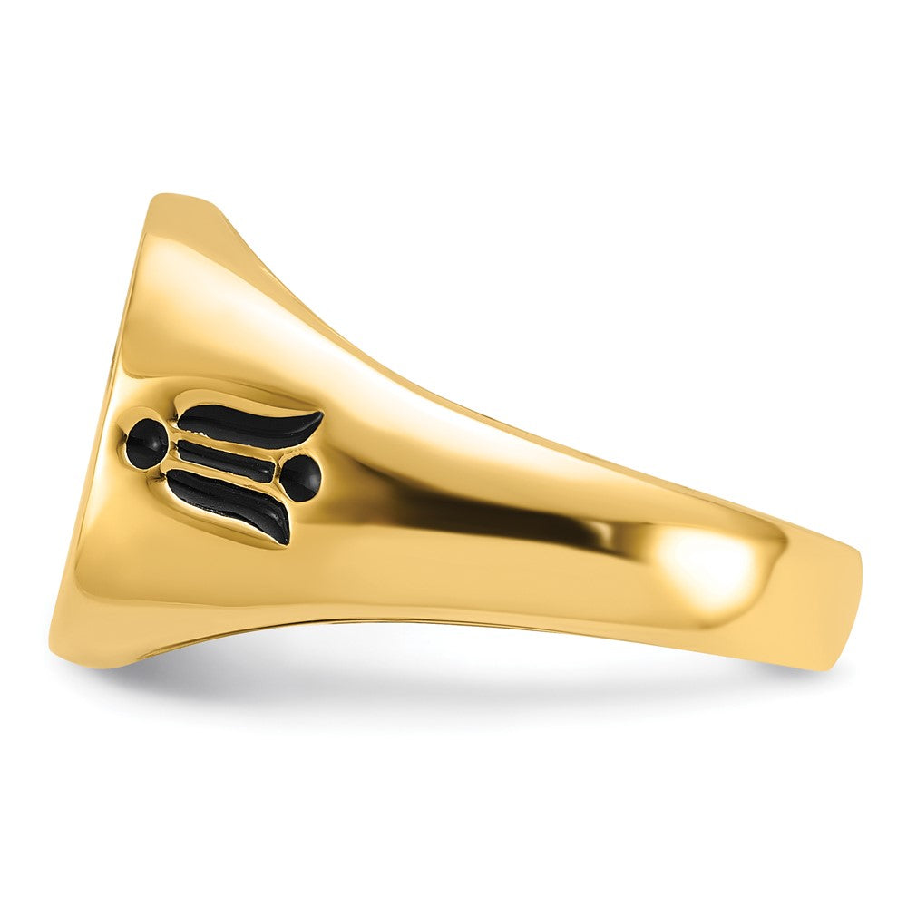 14K Gelbgold Herren-Siegelring, poliert, mit Rillen und schwarzer Emaille, Freimaurer-Design