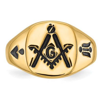 14K Gelbgold Herren-Siegelring, poliert, mit Rillen und schwarzer Emaille, Freimaurer-Design