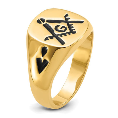 14K Gelbgold Herren-Siegelring, poliert, mit Rillen und schwarzer Emaille, Freimaurer-Design