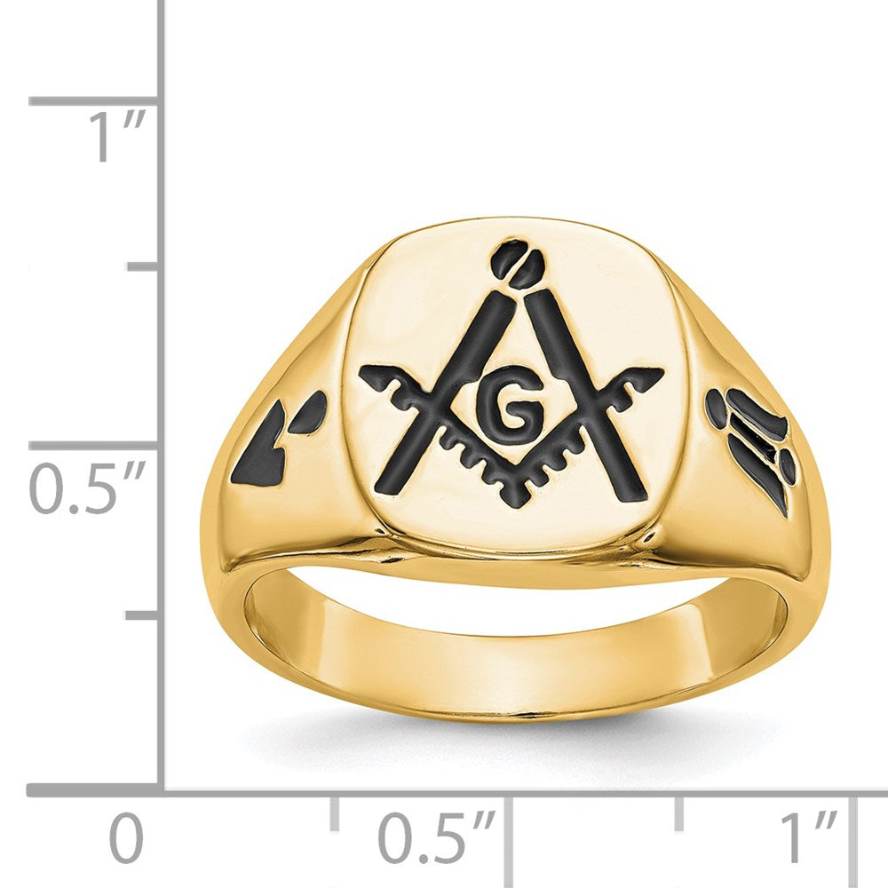 14K Gelbgold Herren-Siegelring, poliert, mit Rillen und schwarzer Emaille, Freimaurer-Design
