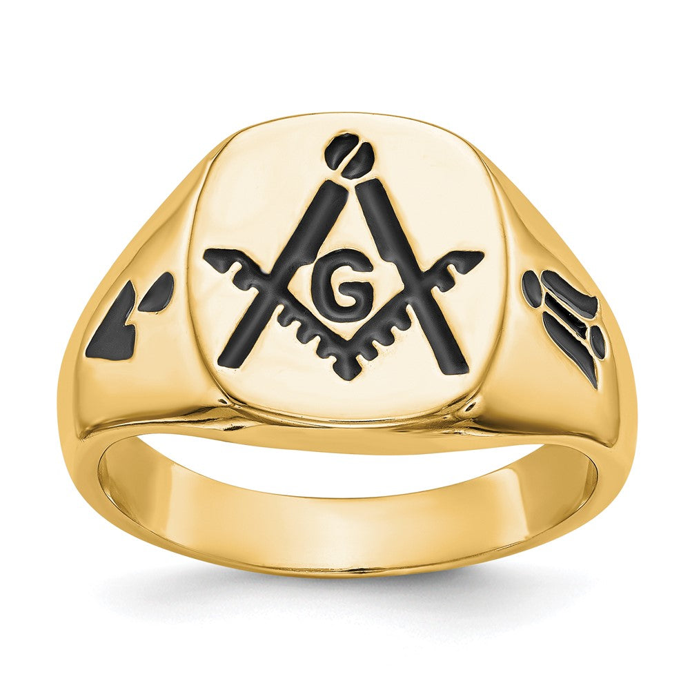14K Gelbgold Herren-Siegelring, poliert, mit Rillen und schwarzer Emaille, Freimaurer-Design