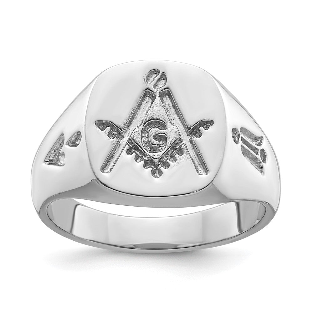 14K Weißgold Herren Freimaurer-Ring, poliert und mit Rillen (ohne Emaille)