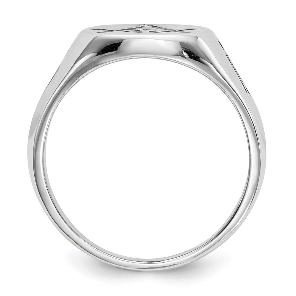 14K Weißgold Herren-Siegelring, poliert und geriffelt, mit schwarzer Emaille, Freimaurer-Motiv