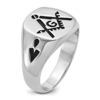 14K Weißgold Herren-Siegelring, poliert und geriffelt, mit schwarzer Emaille, Freimaurer-Motiv